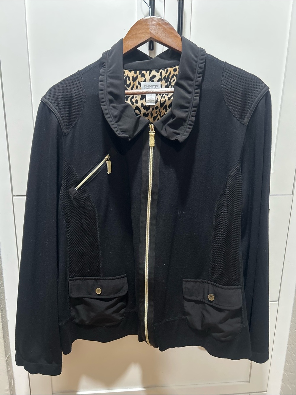 Chico’s Women’s Black Zip-Front Jacket with Leopard Lining